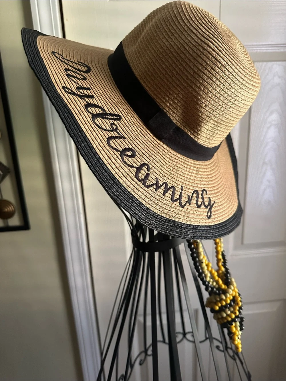 Daydreaming Embroidered Floppy Straw Sun Hat - One Size